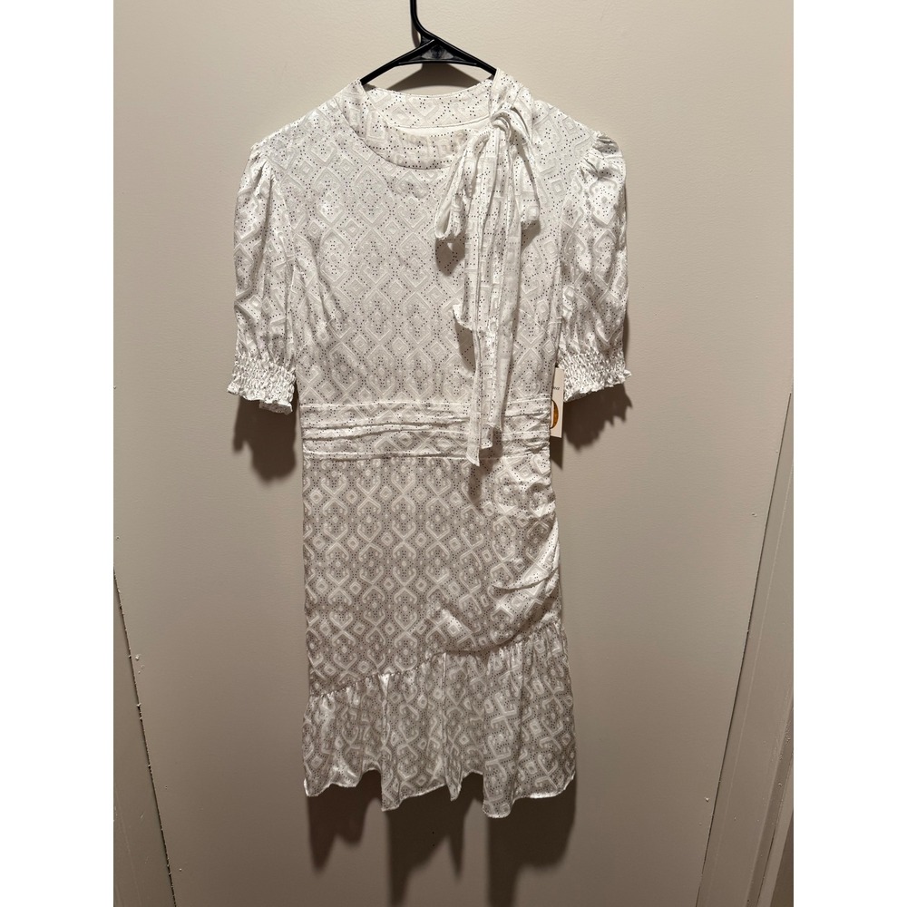 Shoshanna 0 Ivory White Satin‎ Polka Dot Dress Tie Neck Smocked Sleeve